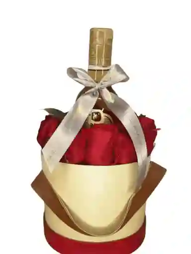 Caja Floral Beige Con Ron Medellín Y Rosas Rojas