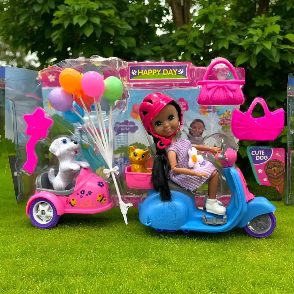 Set Muñeca Juguete Lorlian Paseo Con Mascotas Y Motos