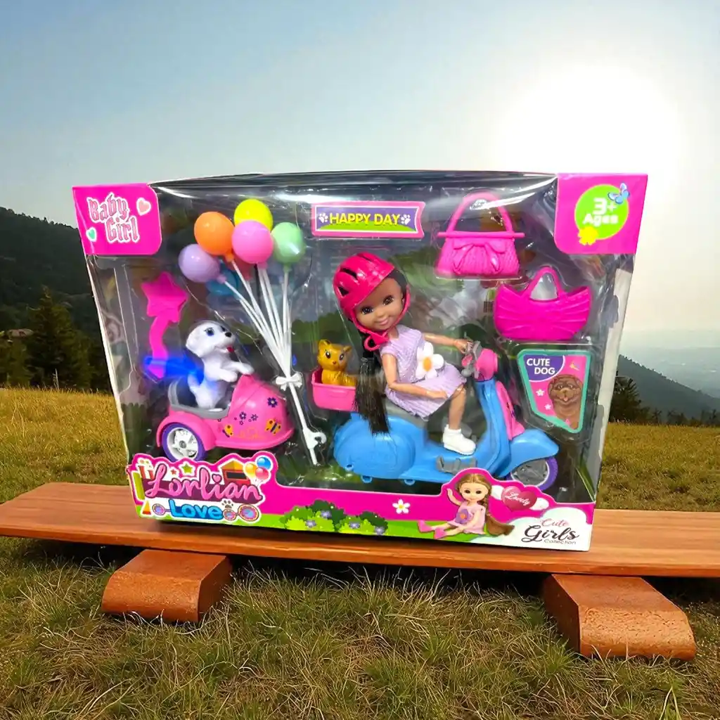 Set Muñeca Juguete Lorlian Paseo Con Mascotas Y Motos