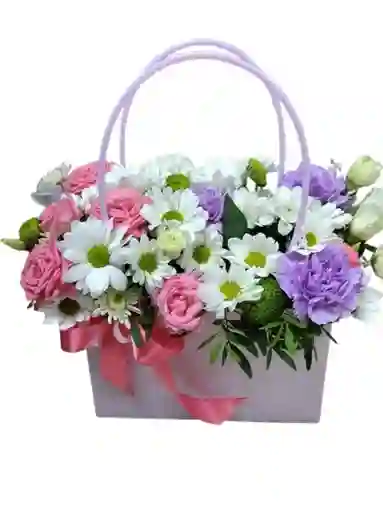 Bolsa Lila – Margaritas Blancas, Lisianthus Y Rosas