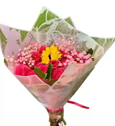 Ramo Fucsia Con Mini Girasol Y Gypsophila Rosa