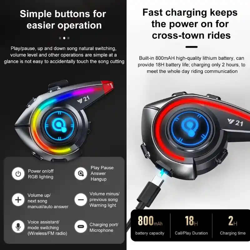 Intercomunicador Bluetooth Manos Libres Y21 Rgb Casco Moto