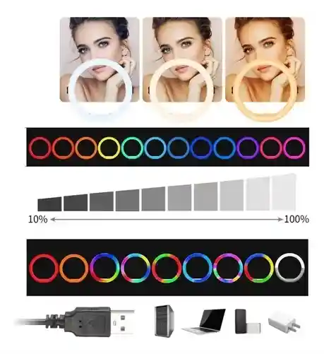 Aro De Luz Multicolor Rgb 33cm Soporte Celular Y Trípode 2m