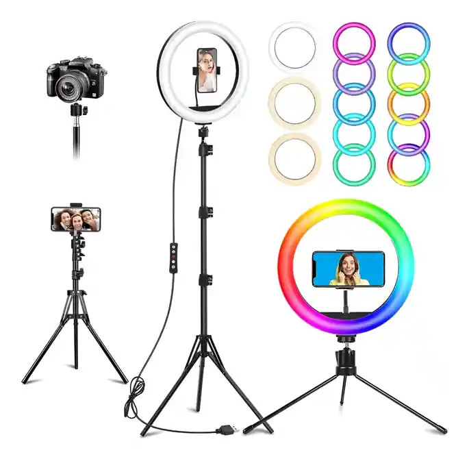 Aro De Luz Multicolor Rgb 33cm Soporte Celular Y Trípode 2m