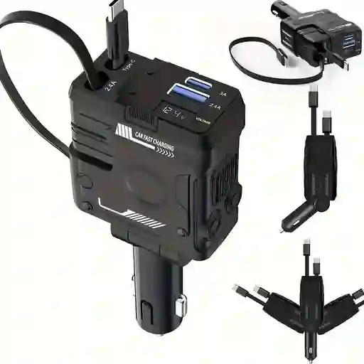 Cargador Carro 4 En 1 Dual Retractil 66w