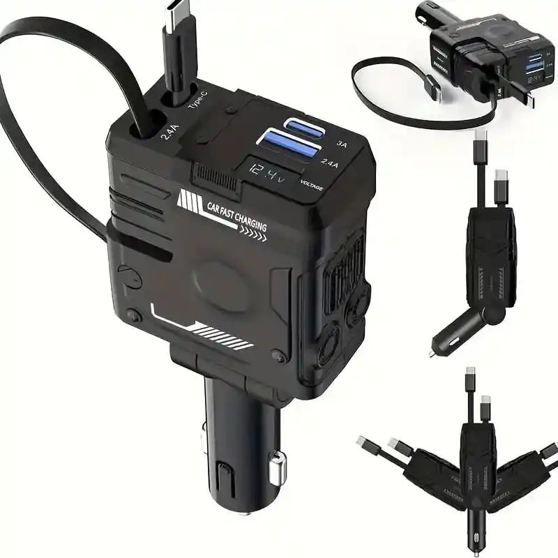 Cargador Carro 4 En 1 Dual Retractil 66w