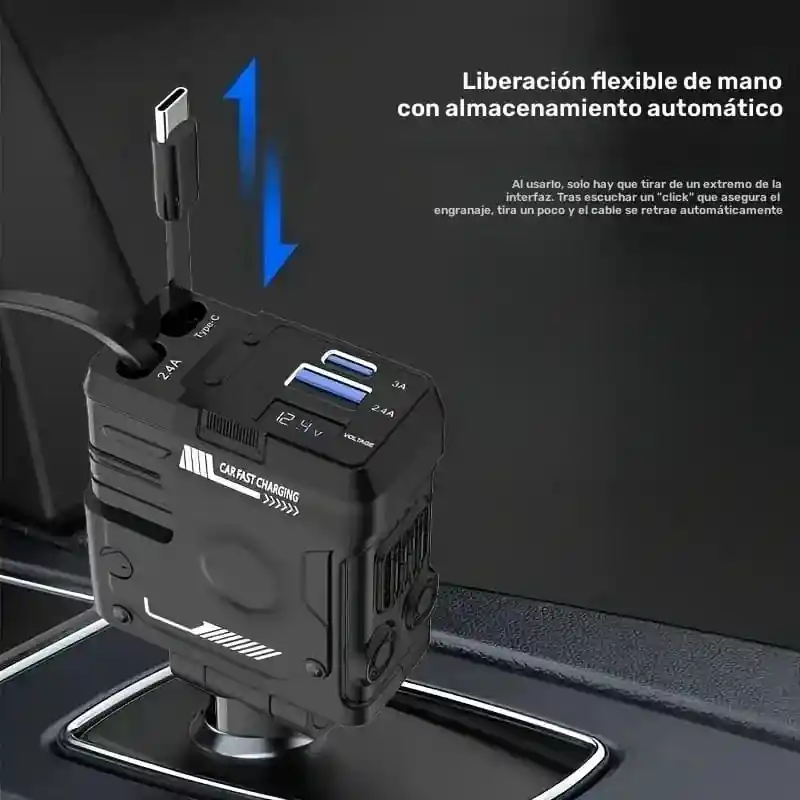 Cargador Carro 4 En 1 Dual Retractil 66w