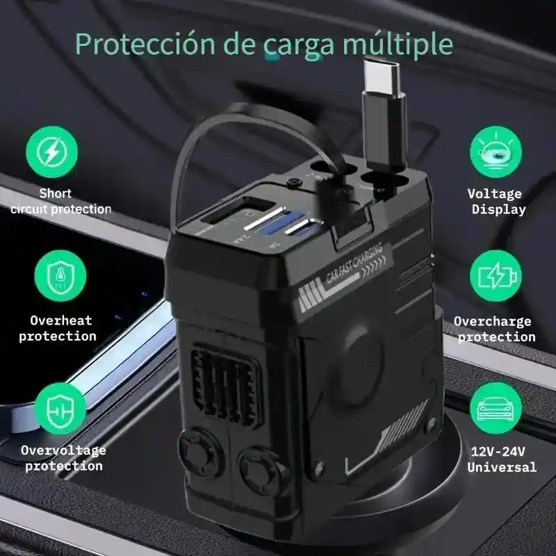 Cargador Carro 4 En 1 Dual Retractil 66w