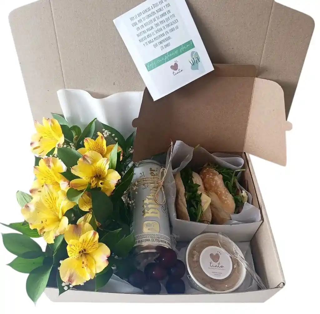 Caja Regalo Sorpresa Giftbox Yellow -flores, Cerveza Importada, Torta Cuchareable