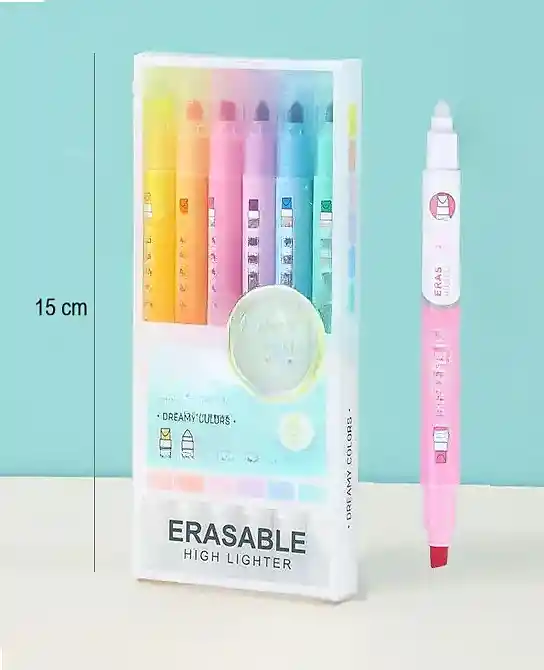 Resaltador Borrable X 6 Unidades Tonos Pastel Con Punta De Borrador