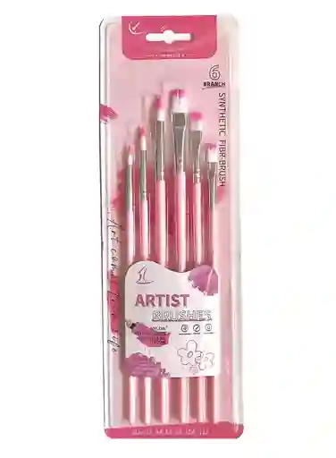 Pinceles X 6 Und Rosado Redondos Y Planos Medidas Surtidas