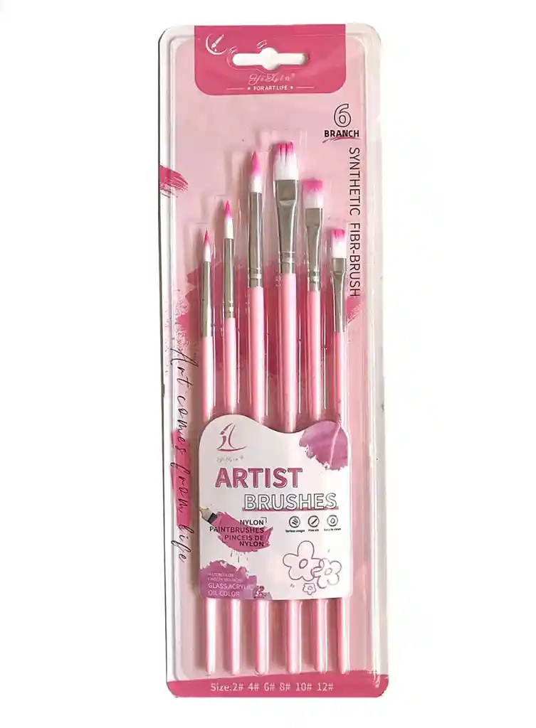 Pinceles X 6 Und Rosado Redondos Y Planos Medidas Surtidas