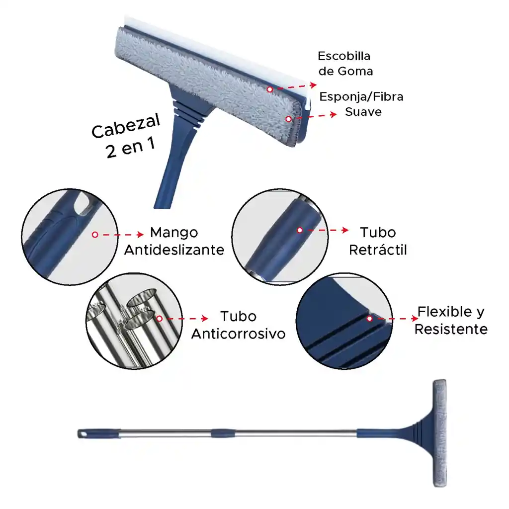 Limpiador De Ventanas Delgado Extensible 1,3 Metros
