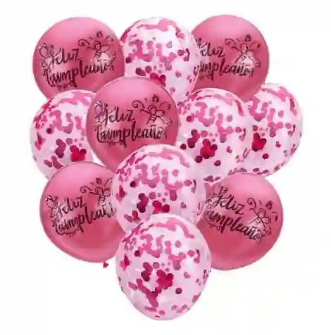 Set De Globos Confeti Feliz Cumpleados Rosa Metalizado X11piezas