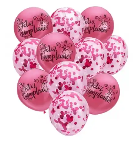 Set De Globos Confeti Feliz Cumpleados Rosa Metalizado X11piezas