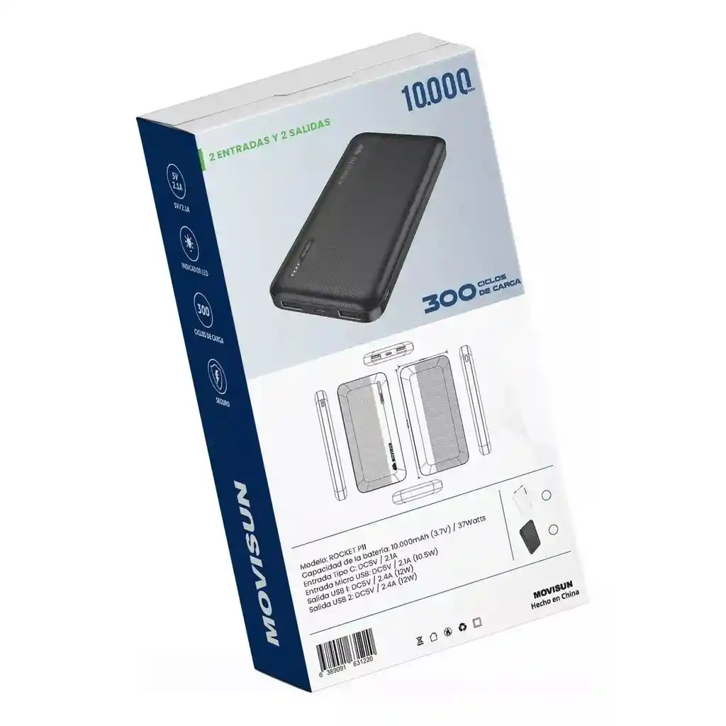 Power Bank 10.000 Movisun Rocket P11 2.1 Amperios Color Negro