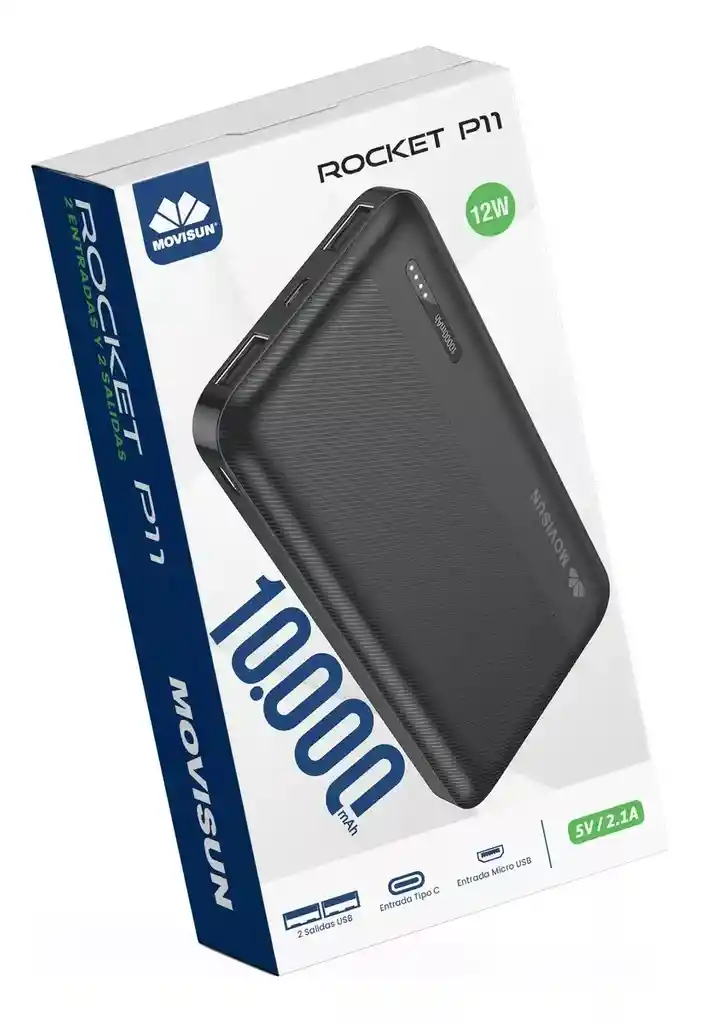 Power Bank 10.000 Movisun Rocket P11 2.1 Amperios Color Negro