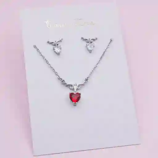 Set Plateado Corazon Rojo