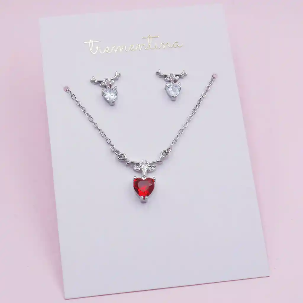 Set Plateado Corazon Rojo