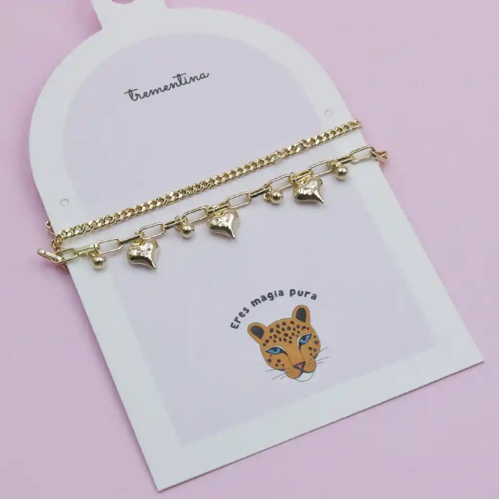 Pulsera Doble Corazon Y Balin