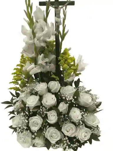 Ramo Fúnebre Con Cruz Y Rosas Blancas