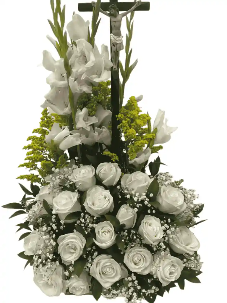 Ramo Fúnebre Con Cruz Y Rosas Blancas