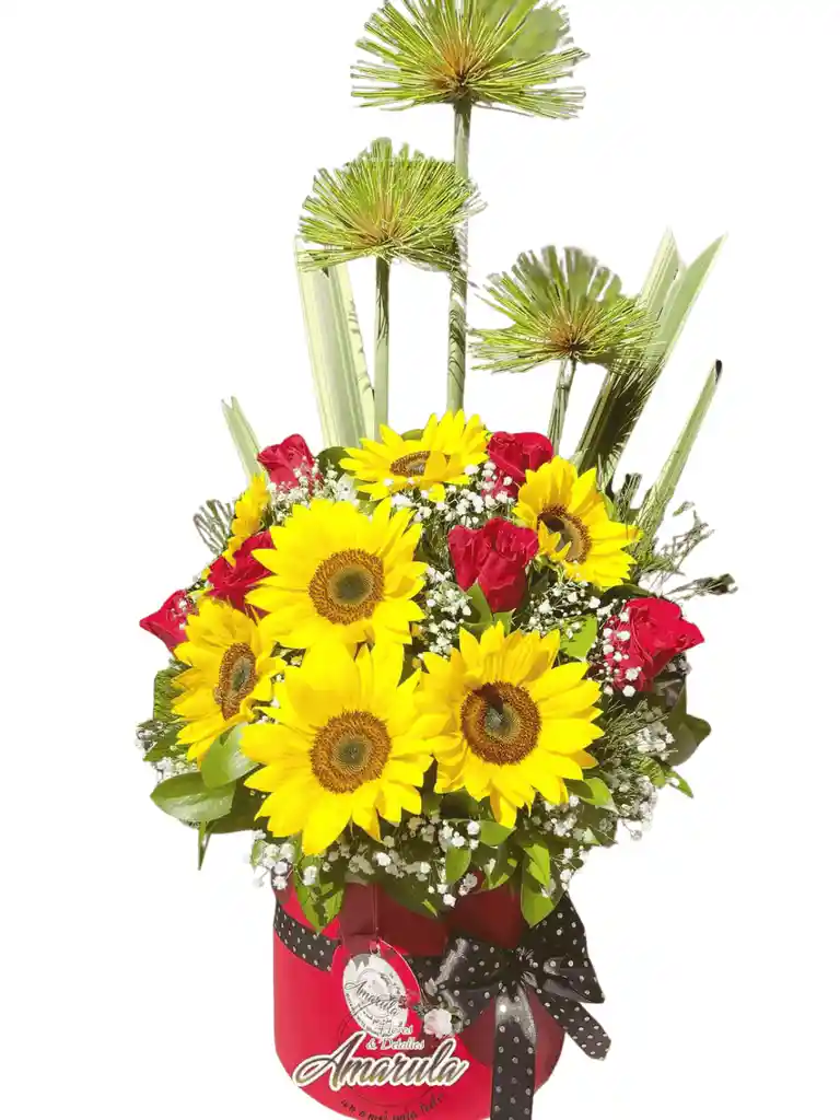 Caja Floral Con Girasoles Y Rosas Frescas