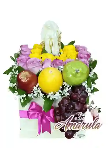 Caja Premium Con Virgen, Frutas Frescas Y Rosas