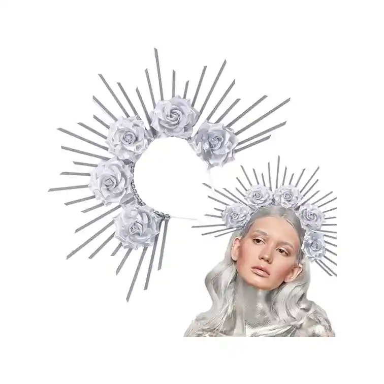 Diadema Diosa Hallo Con Flores Plateada