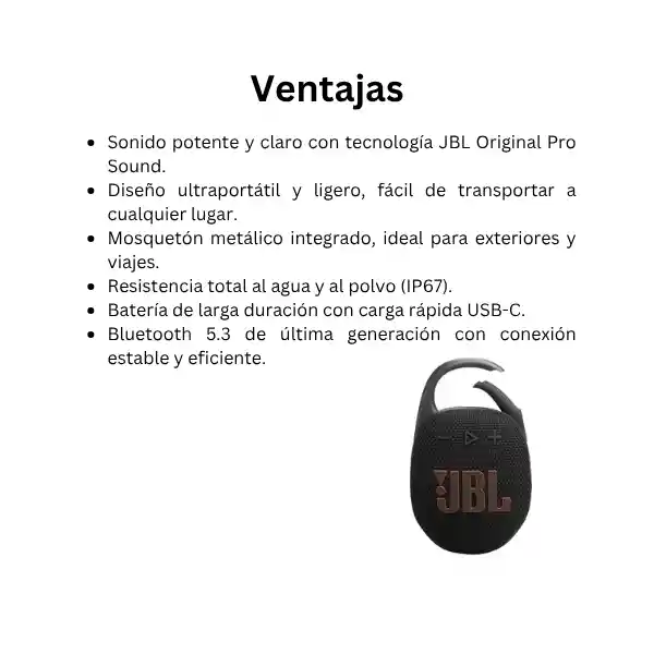 Parlante Jbl Clip 5 Bluetooth Ultraportátil Resistente Al Agua Color Negro