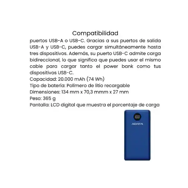 Power Bank Adata 20000mah Usb Qc Cargador Portátil Color Azul