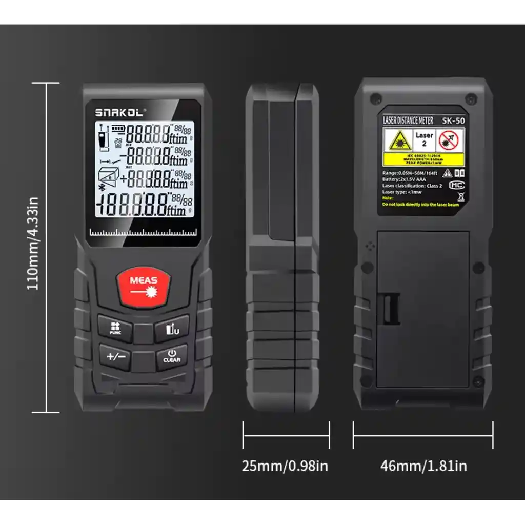 Medidor De Distancia Láser Digital 50m Snakol Sk-50 Preciso