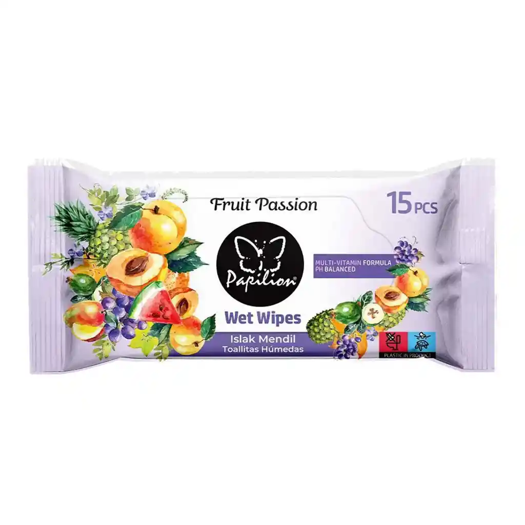 Papilion Toallitas Húmedas Para Bebé Fruit Passion Lila, Fórmula Multivitamínica Ph Balanceado, Suaves Y Seguras 15 Unidades