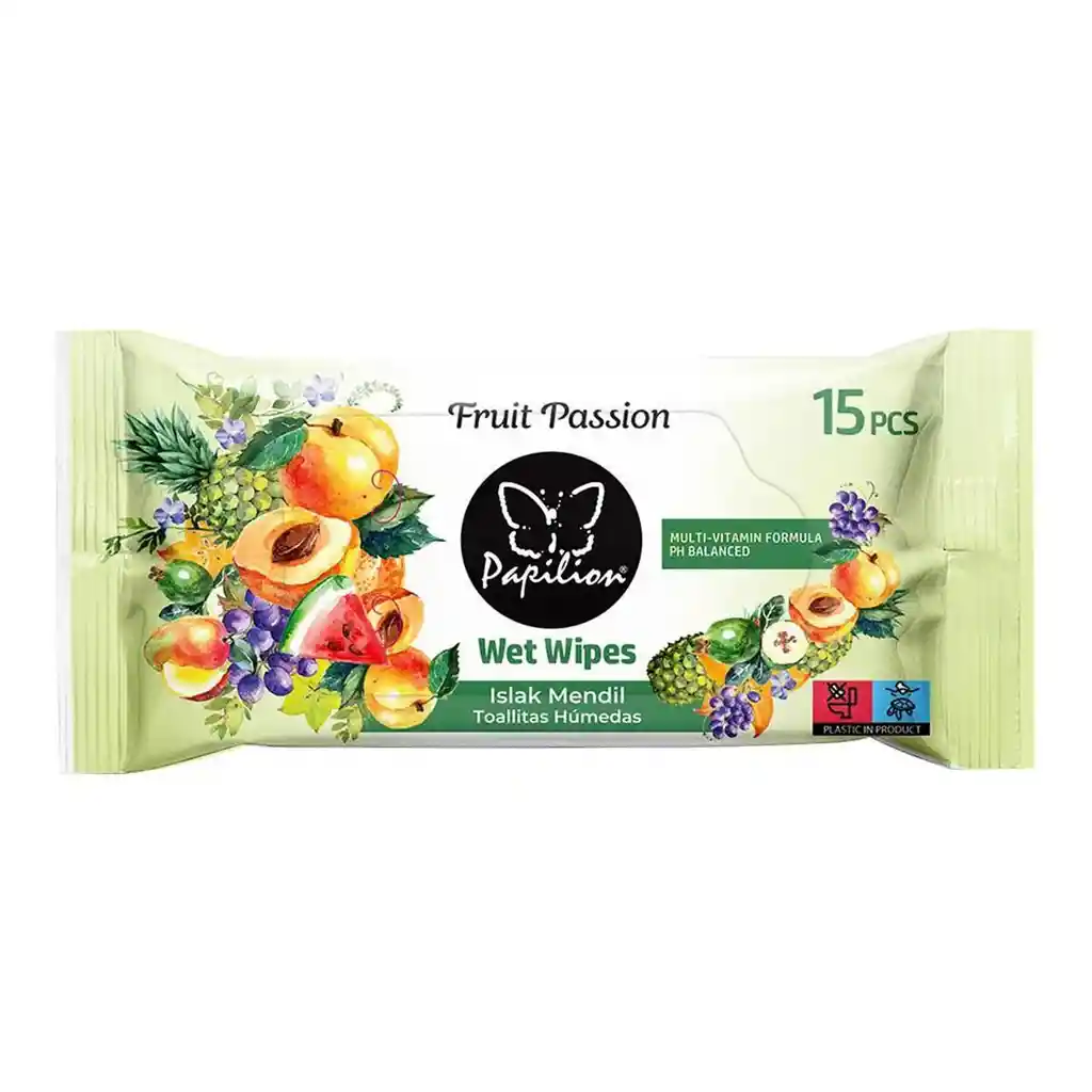 Papilion Toallitas Húmedas Para Bebé Fruit Passion Green, Fórmula Multivitamínica Ph Balanceado, Suaves Y Seguras 15 Unidades