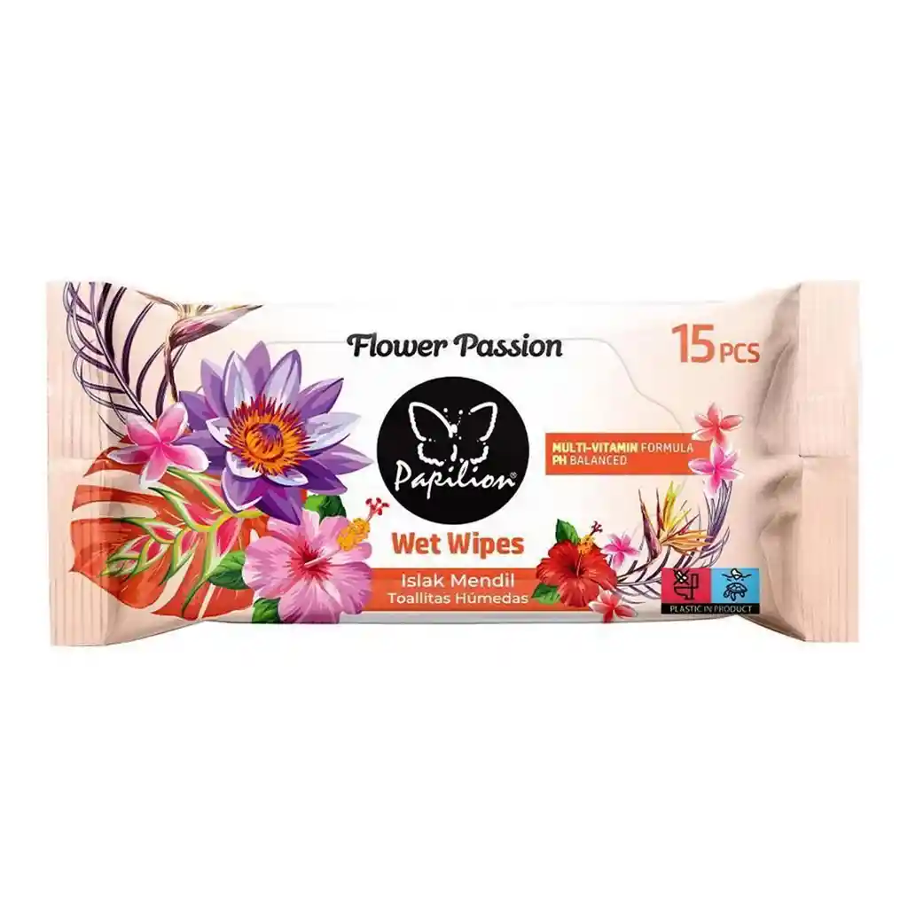 Papilion Toallitas Húmedas Para Bebé Flower Passion Pink, Fórmula Multivitamínica Ph Balanceado, Suaves Y Seguras 15 Unidades