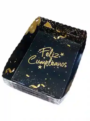 Plato Para Torta / Pudin Negro Feliz Cumpleaños Dorado X 12 Unidades