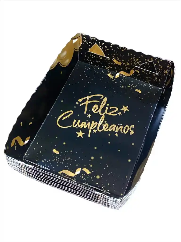 Plato Para Torta / Pudin Negro Feliz Cumpleaños Dorado X 12 Unidades