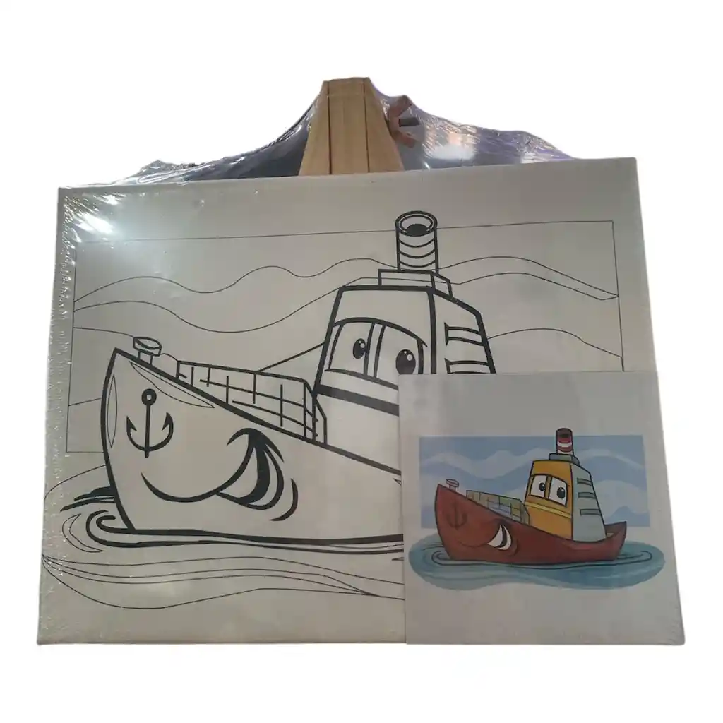 Lienzos Pequeños Con Pinturas Y Pincel Varios Diseños Como Una Flor, Un Barco Y Un Monito En Un Avion