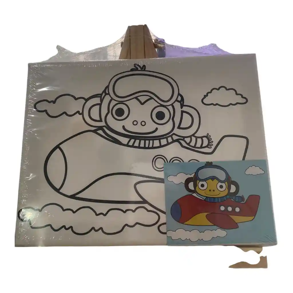 Lienzos Pequeños Con Pinturas Y Pincel Varios Diseños Como Una Flor, Un Barco Y Un Monito En Un Avion