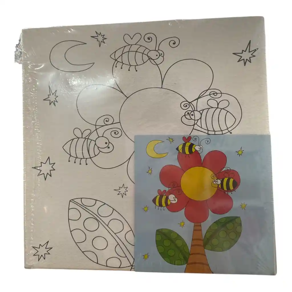 Lienzos Pequeños Con Pinturas Y Pincel Varios Diseños Como Una Flor, Un Barco Y Un Monito En Un Avion