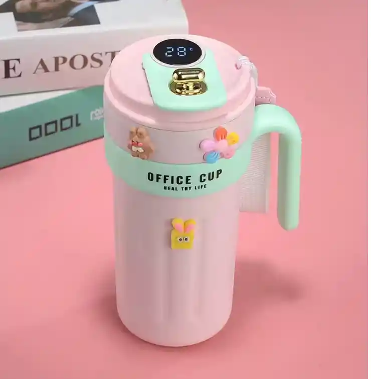 Termo Cafe Pantalla 650 Ml Rosa Acero Inxidable A Prueba De Fugas