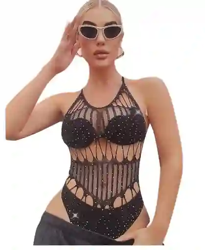 Malla Body Con Brillos Estrellada. Color Negro. Hermanas Fashion