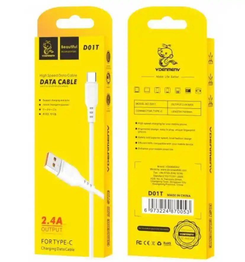 Cable De Datos Y Carga Rapida Tipo-c D01t 4.0a | Compatible Con Celulares, Tablets Y Carros