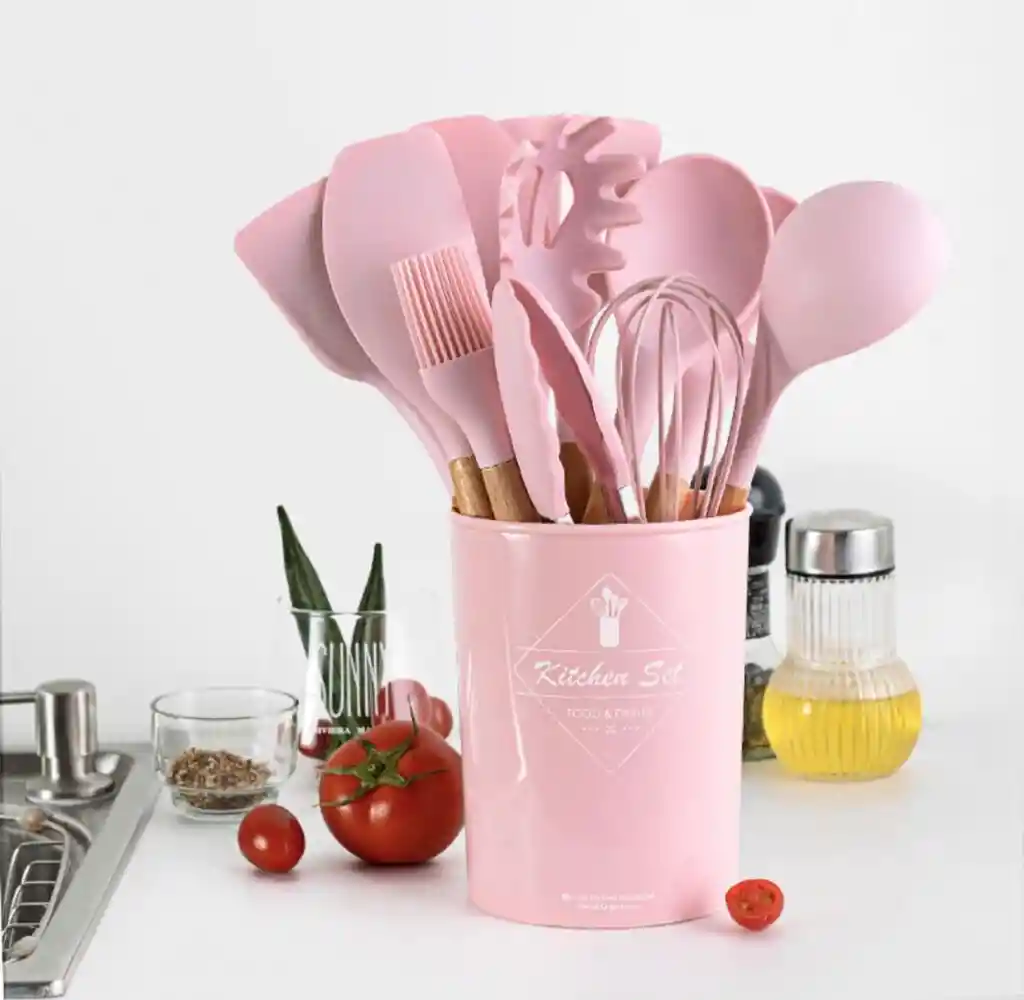 Set De Utensilios Para Cocina En Silicona Con Mango De Madera 12 Piezas Cucharas