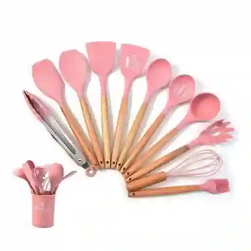 Set De Utensilios Para Cocina En Silicona Con Mango De Madera 12 Piezas Cucharas
