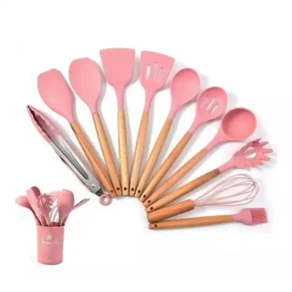 Set De Utensilios Para Cocina En Silicona Con Mango De Madera 12 Piezas Cucharas