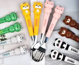 Set X2 Cubiertos Niños Portatil Cuchara Tenedor Estuche Plastico Oso