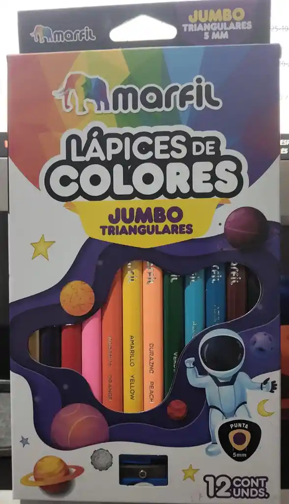 Caja De Colores Jumbo Triangulares X12 Un + Sacapuntas