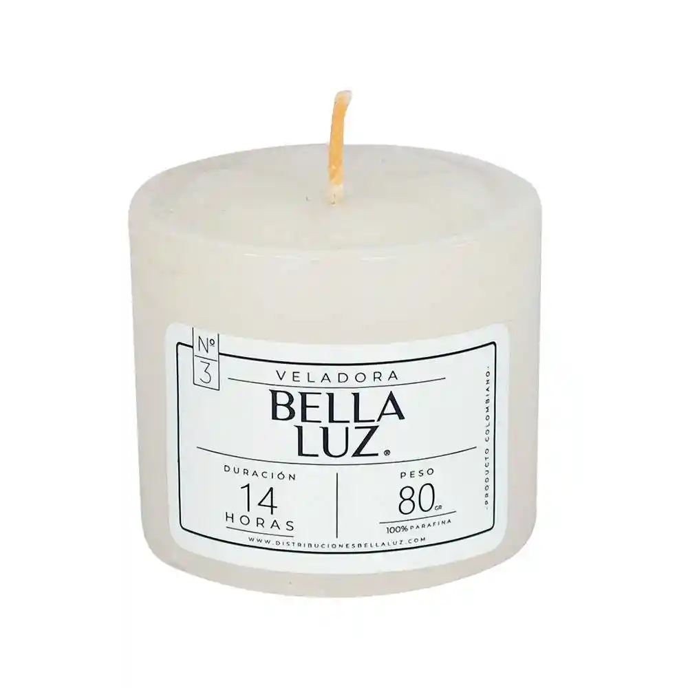 Veladora Bella Luz N3 5x5cm Blanco 90 Gr Parafina N3