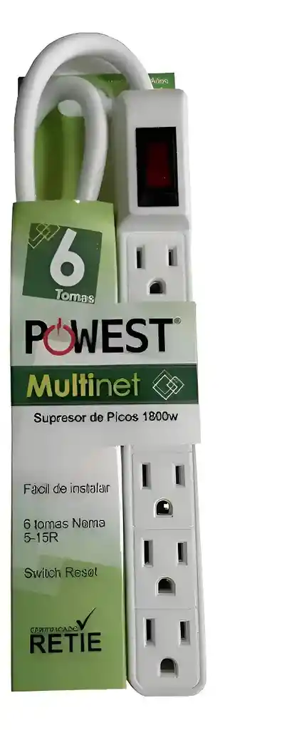 Multinet Regleta Powest Multitoma 6 Salidas Cable 1800w Blanco